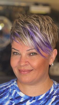 Short Grey Hair With Purple Highlights, Grey Hair With Purple Highlights, Asymmetric Pixie, Pixie Tattoo, Purple Grey Hair, Pink Short Hair, Short Purple Hair, Purple Hair Highlights, Short Hair Back