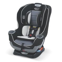 the child's car seat is black and grey with white piping on it