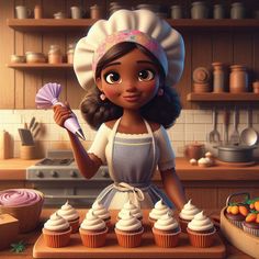 an animated character holding a cupcake on top of a counter