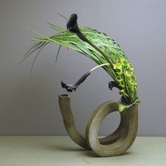 a sculpture made out of wood with plants in it