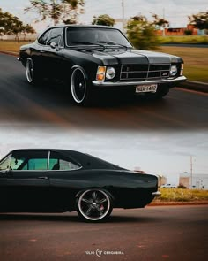 two pictures of an old car on the road, one in black and one in white