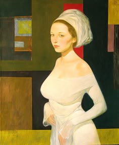 an oil painting of a woman in white dress and headdress, standing with her hands on her hips