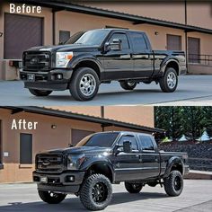 two pictures of the same truck before and after it's paint job is shown