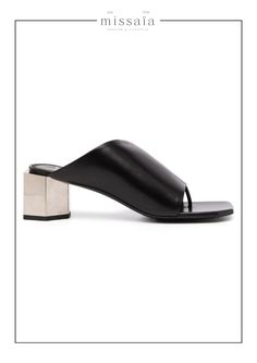 Black leather designer chunky heel. Off-White heels White Mules, Trending Heels, Debossed Logo, White Sandals, Designer Heels, Chunky Heel, Mule Clogs