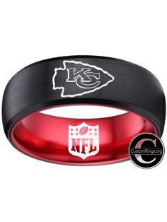 a black and red nfl ring with the kansas chiefs logo on it's side