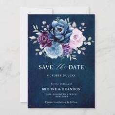 save the date card with blue and purple flowers