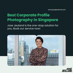 a woman standing in front of a window with the words best corporate profile photography in singapore