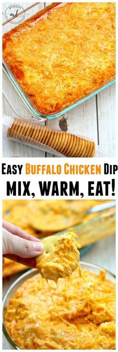 easy buffalo chicken dip mix, warm, and eatable recipe with text overlay