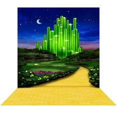 an image of the wizard's castle at night with green grass and flowers in front