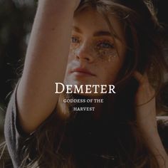 a woman with her hands on her head and the words demeterer in front of her