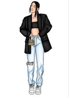 a drawing of a woman wearing ripped jeans and a black blazer, standing with her hands in her pockets