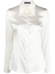 white silk blend pointed flat collar front button fastening long sleeves curved hem Dolce And Gabbana Shirts, White Collared Shirt, Flat Collar, Perry Ellis, Dolce E Gabbana, White Silk, Collar Shirt, Dolce & Gabbana, Silk Shirt