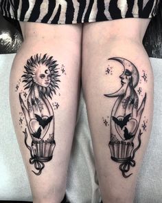 two women with tattoos on their legs, one has a sun and the other is a moon