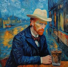 a painting of a man sitting at a table with a drink in front of him