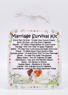 a marriage survival kit with an image of the bride and groom's names on it