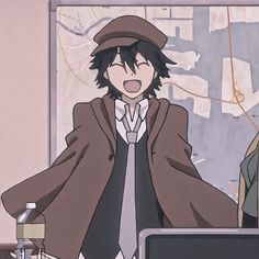 two anime characters standing next to each other in front of a computer monitor and keyboard