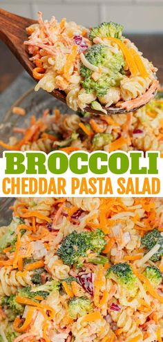 broccoli cheddar pasta salad in a glass bowl with a wooden spoon