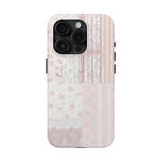 an iphone case with pink flowers and laces on the front, featuring two cameras