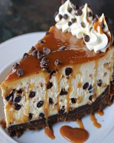 a piece of cheesecake with chocolate chips on top