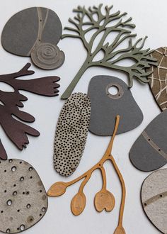 several different shapes and sizes of paper cutouts on a white surface with leaves, rocks, and pebbles