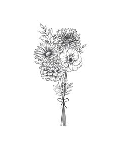 a bouquet of flowers is drawn in black and white