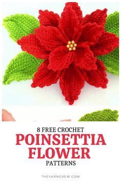 crochet poinsettia flower pattern with text that reads 8 free crochet poinsettia flower patterns