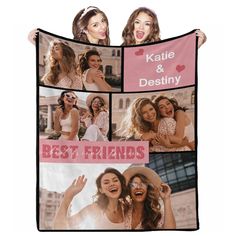 two women are holding up a blanket with the words best friends on it and pictures of them