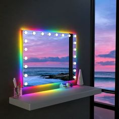 there is a vanity mirror with lights on it