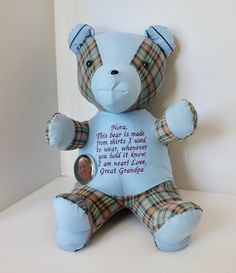 a blue teddy bear with a poem written on it