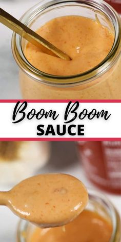 spoon full of sauce on top of a jar with the words booon boom sauce above it