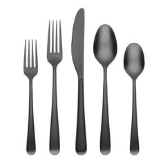 a set of five forks, spoons and knives on a white background with clipping for text