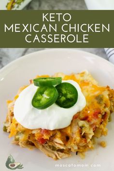 mexican chicken casserole with sour cream and jalapeno peppers on top