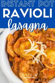 ravioli lasagna in a white bowl with text overlay