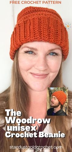 a woman wearing an orange knitted hat with the words, the woolrow unisex crochet beanie