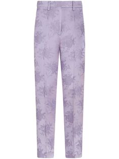 Chic Jacquard Bottoms For Spring, Chic Spring Jacquard Bottoms, Spring Chic Jacquard Bottoms, Elegant Jacquard Bottoms For Spring, Elegant Fitted Lavender Bottoms, Elegant Purple Ankle-length Pants, Workwear Floral Print Tapered Leg Pants, Elegant Floral Print Pants For Workwear, Elegant Floral Print Workwear Pants