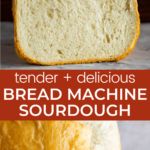 a loaf of bread sitting on top of a white counter next to a red sign that reads tender and delicious bread machine sourdough