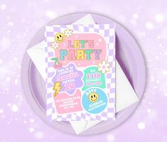 a purple and white plate with a card on it that says let's party