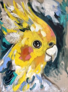 a painting of a yellow parrot with feathers on it's head