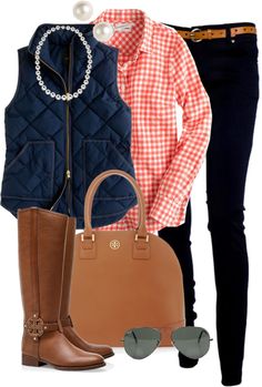 Obsessed Stile Preppy, Tory Burch Boots, Navy Vest, Tartan Shirt, Puffy Vest, Fall Clothing, Checkered Shirt