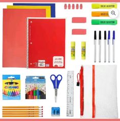 school supplies including pens, markers, scissors and notebooks