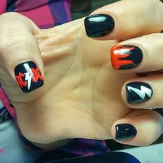 ACDC nails Band Nails Design, Band Nails Rock, Acdc Nails, Rock Concert Nails, Devil Nails, Gothic Bunny