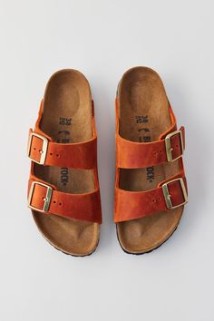 Colorful Birkenstocks, Summer Shoes 2024, Orange Birkenstock, Arizona Silhouette, Orange Sandals, Leather Strap Sandals, Shoe Wishlist, Birkenstock Sandals