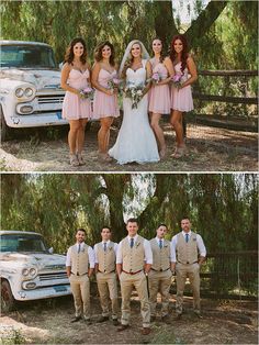 the bride and grooms are posing for pictures in front of an old truck with their wedding party