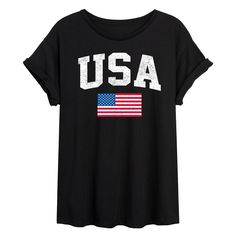 She will love showing off her style with this Juniors' USA Flag Flowy Tee. FEATURES Short sleeves CrewneckFIT & SIZING Oversized FitFABRIC & CARE Black: Cotton ; Gray: Cotton/Polyester Machine wash Imported Size: Large. Gender: female. Age Group: kids. Black Graphic Tee With American Flag Print, High Neck Tank Top, Raglan Tee, Boyfriend Tee, How To Show Love, Oversized Tee, Usa Flag, Crop Tee, Cropped Hoodie