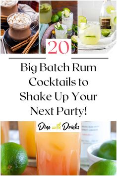 Collage of 4 big batch rum cocktails. Rum Pitcher Cocktails, Big Batch Mexican Cocktails, Drinks For Large Groups Alcohol, Mixed Drink For Large Group, Large Batch Rum Punch Recipes, Rum Mixed Drinks Recipes, Rum Cocktails For A Crowd, Big Batch Rum Cocktails, Summer Party Cocktails Big Batch