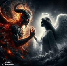 an angel and demon in the clouds with fire coming out of their mouths, facing each other