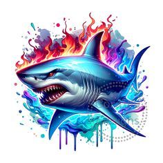 a drawing of a shark with flames coming out of it's mouth