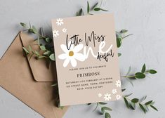 a card with the words little miss and daisies on it next to an envelope