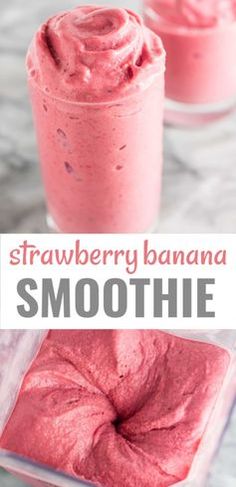 strawberry banana smoothie in a plastic container with the title overlay reading strawberry banana smoothie