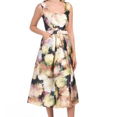 Kay Unger Floral Belted Dress, Worn Once, Great Condition, Size 4, Back Zip And Hook Closure, 2 Side Pockets Elegant Belted Multicolor Dresses, Elegant Multicolor Belted Dresses, Kay Unger Dresses, Kay Unger, Belted Dress, Floral Dress, Colorful Dresses, Size 4, Midi Dress